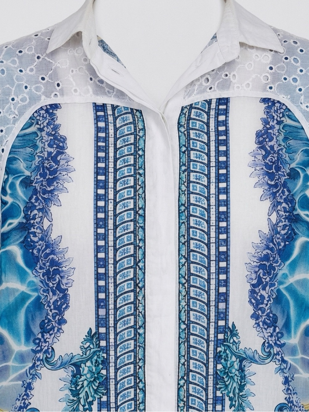 Just Cavalli White Eyelet Button-Front Shirt with Blue Sea Print - Picture 5 of 7